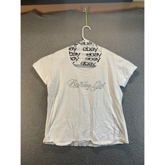 Gildan Tops - Gildan Womens White  Birthday Girl‎ Silver Shimmer Script Size XL
